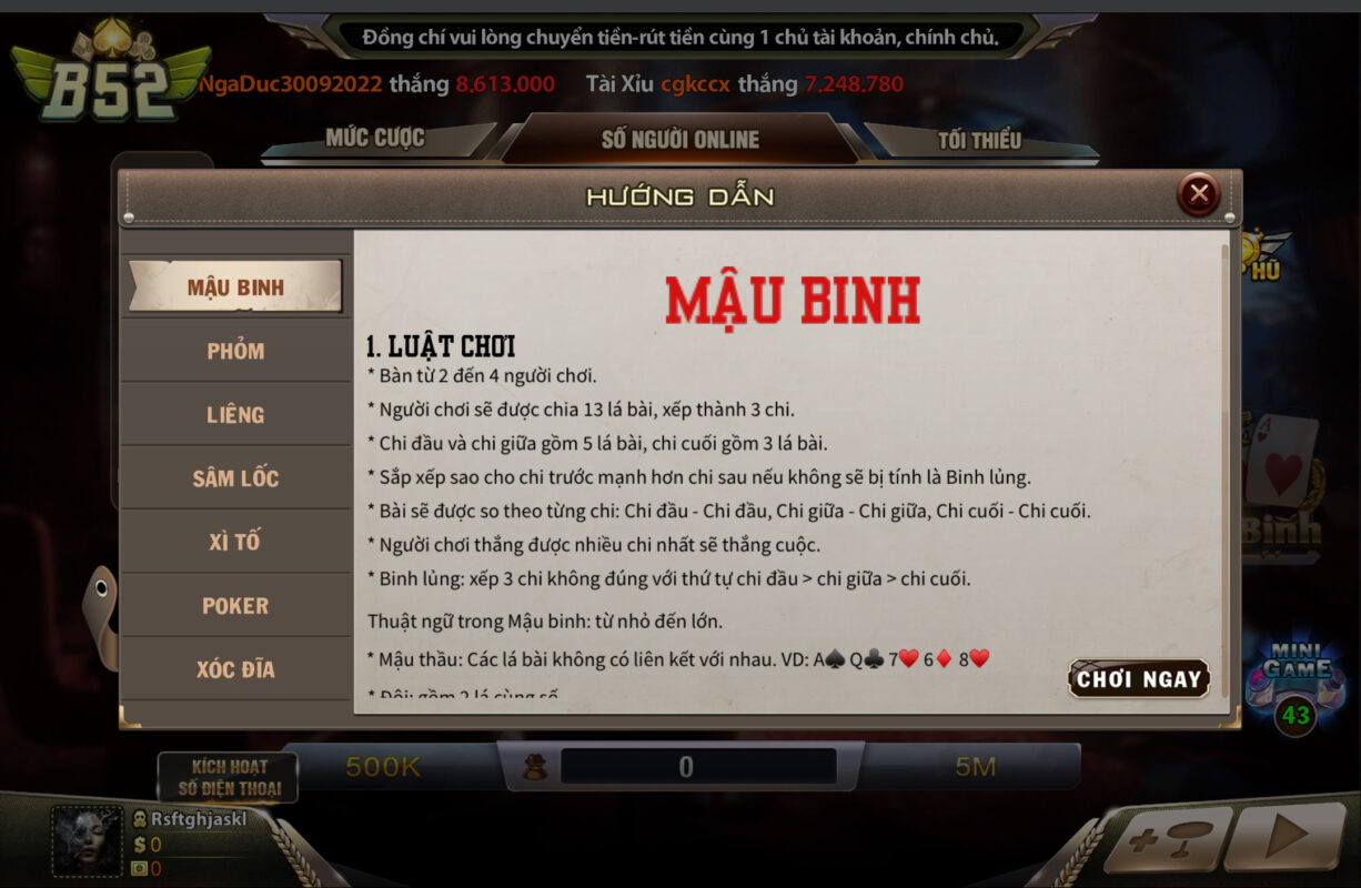 Các cách đánh Mậu binh hay nhất khi tải B52